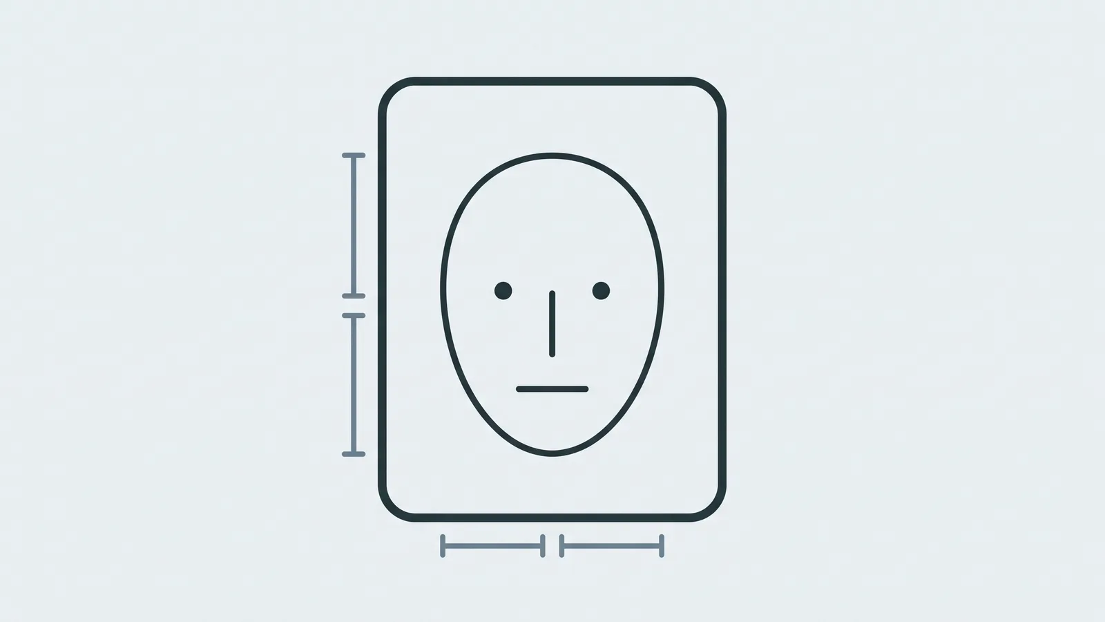 Illustration of a portrait photo frame containing a face outline with measurement brackets along the edges