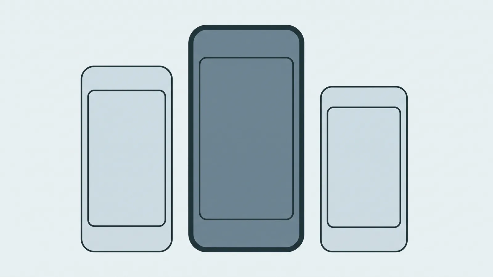 Illustration of three smartphone outlines of different heights arranged like a podium, the tallest one in the centre
