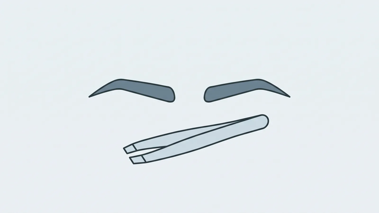 Line illustration of two groomed male eyebrows beside a pair of tweezers