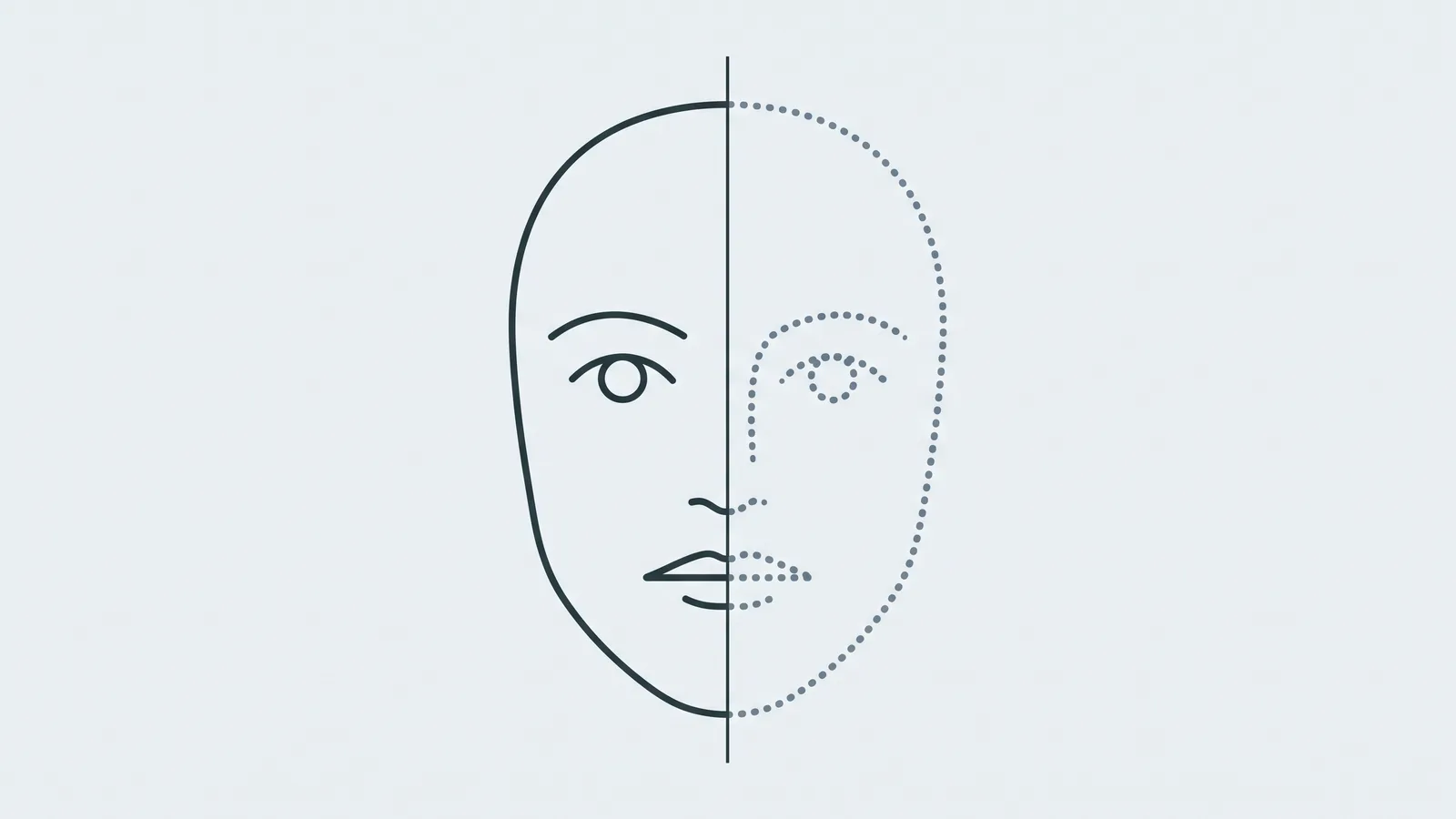 Line illustration of a face outline drawn as a solid line on one side and a dotted line on the other