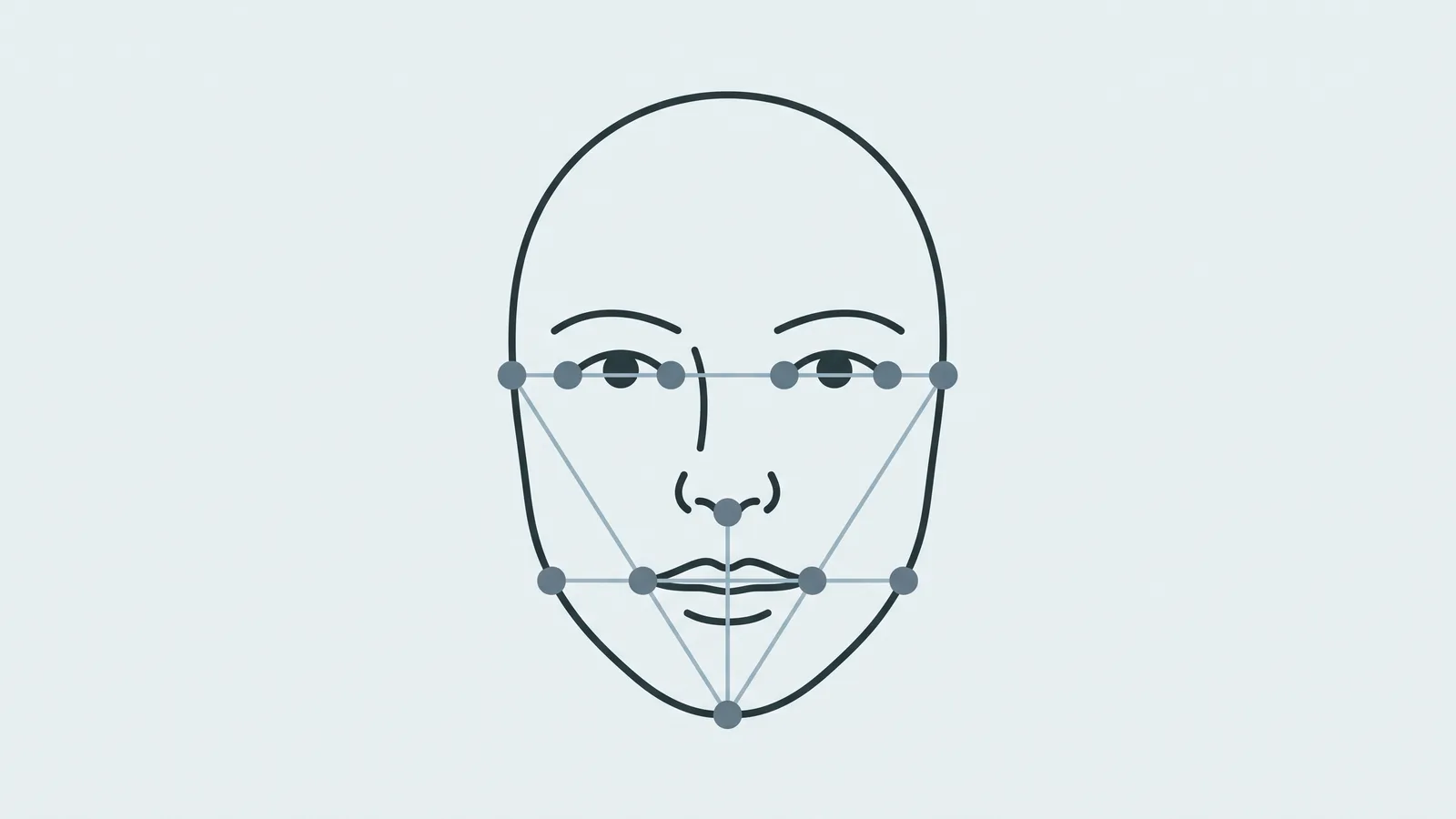 Line diagram of a face marked with small landmark dots joined by thin measurement lines
