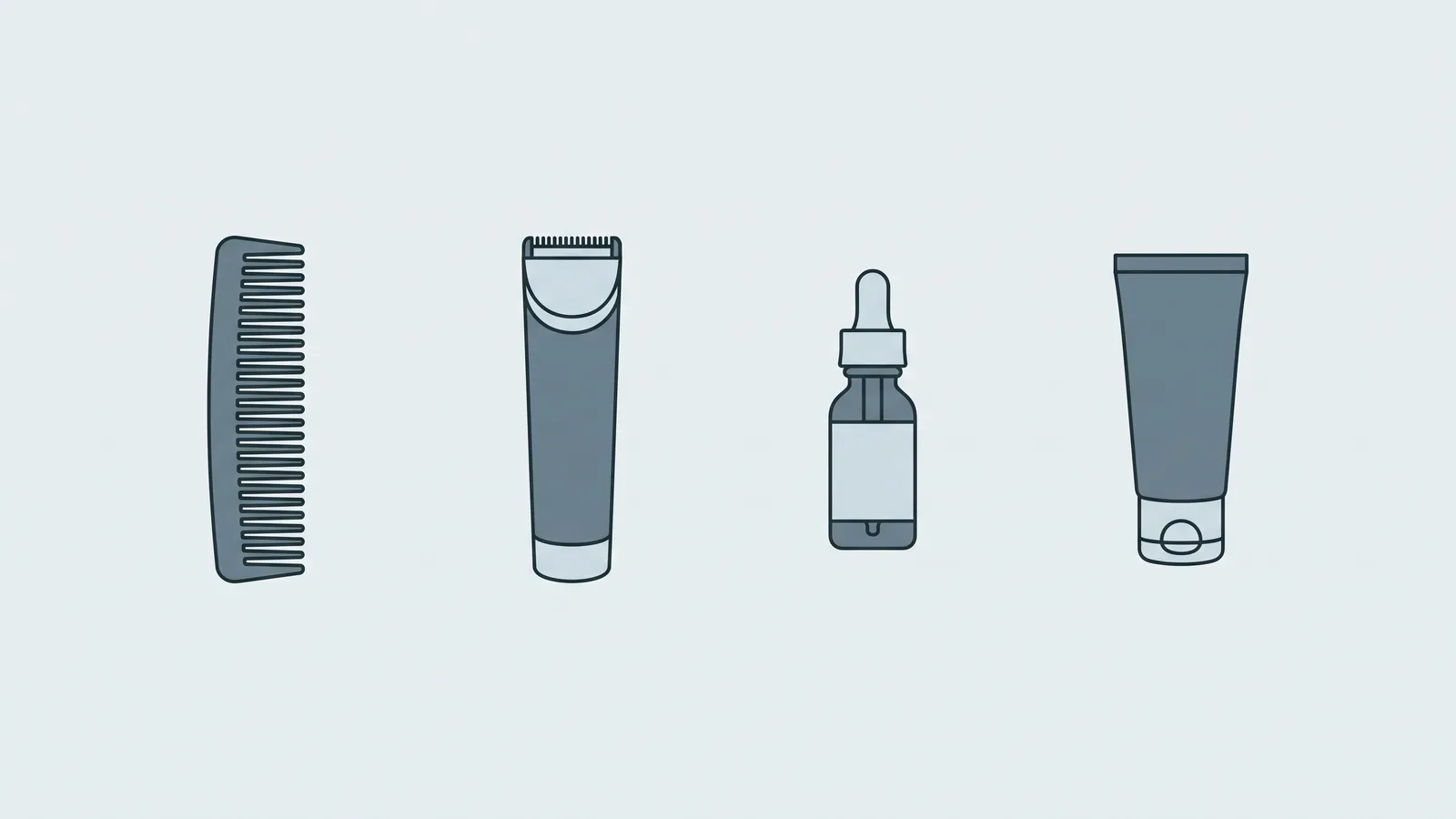 Flat illustration of looksmaxxing basics: a comb, hair trimmer, serum dropper bottle and sunscreen tube laid out in a row
