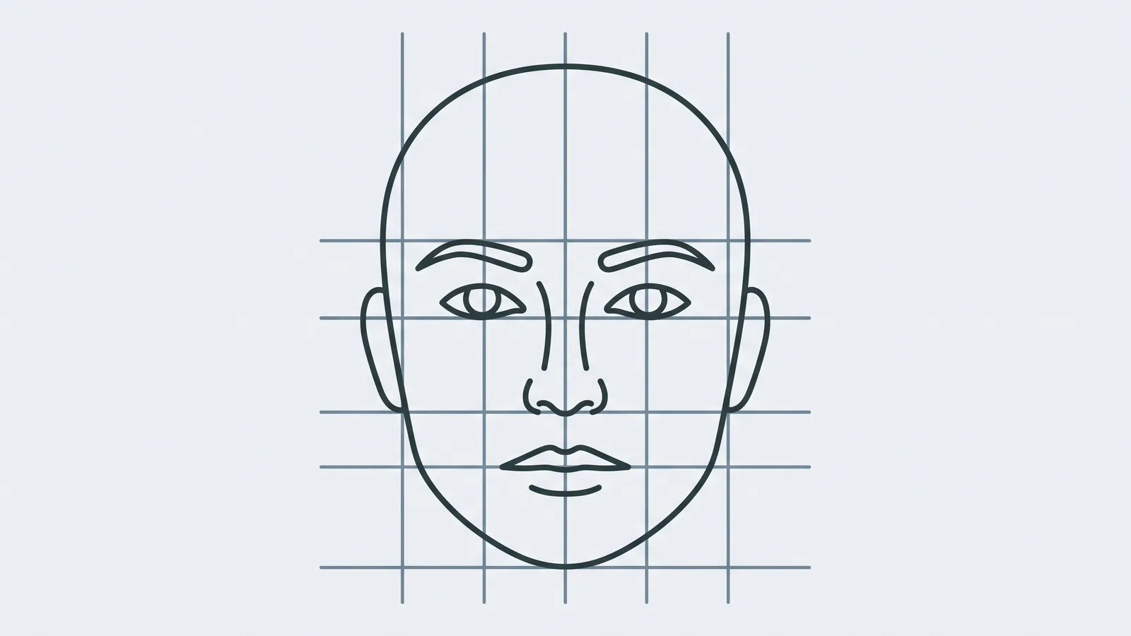 Line diagram of a face overlaid with a grid of horizontal thirds and vertical fifths guide lines