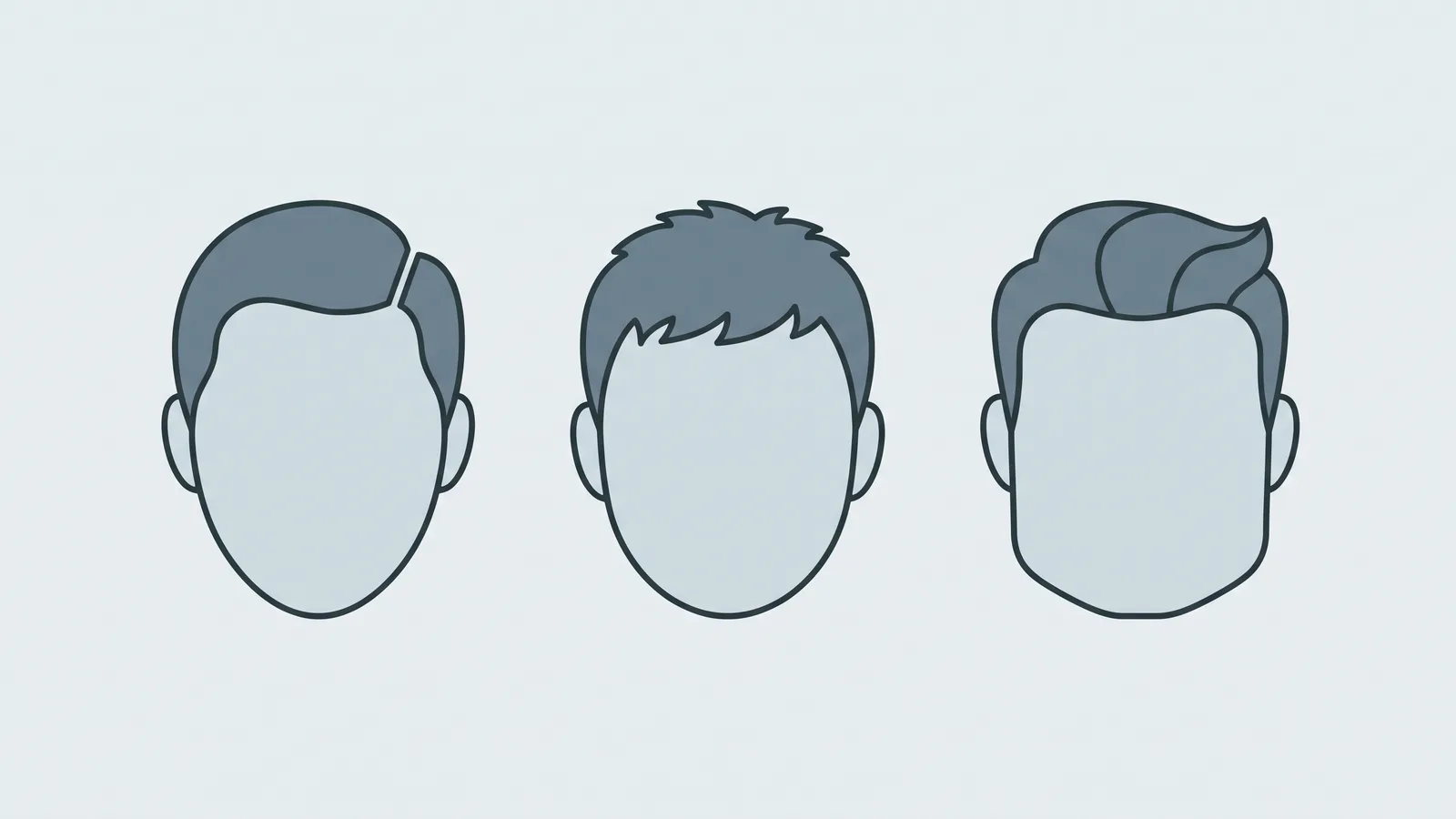 Illustration of three male head silhouettes with different face shapes and hairstyles